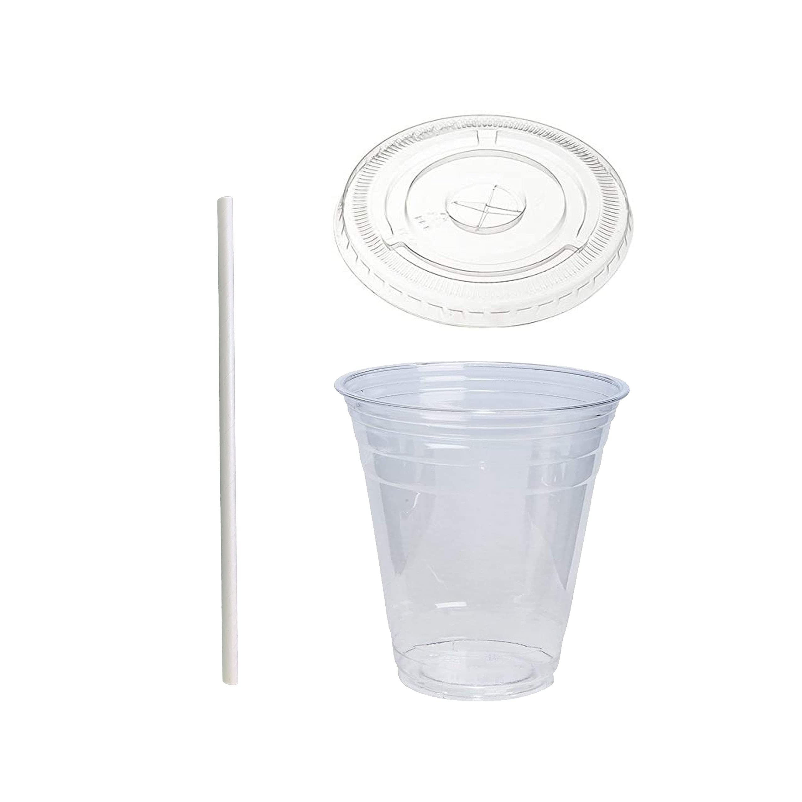 12 oz Crystal Clear Plastic Cups With Flat lids and White Paper Straws - For Summary Beverage, Party, to-go (100)