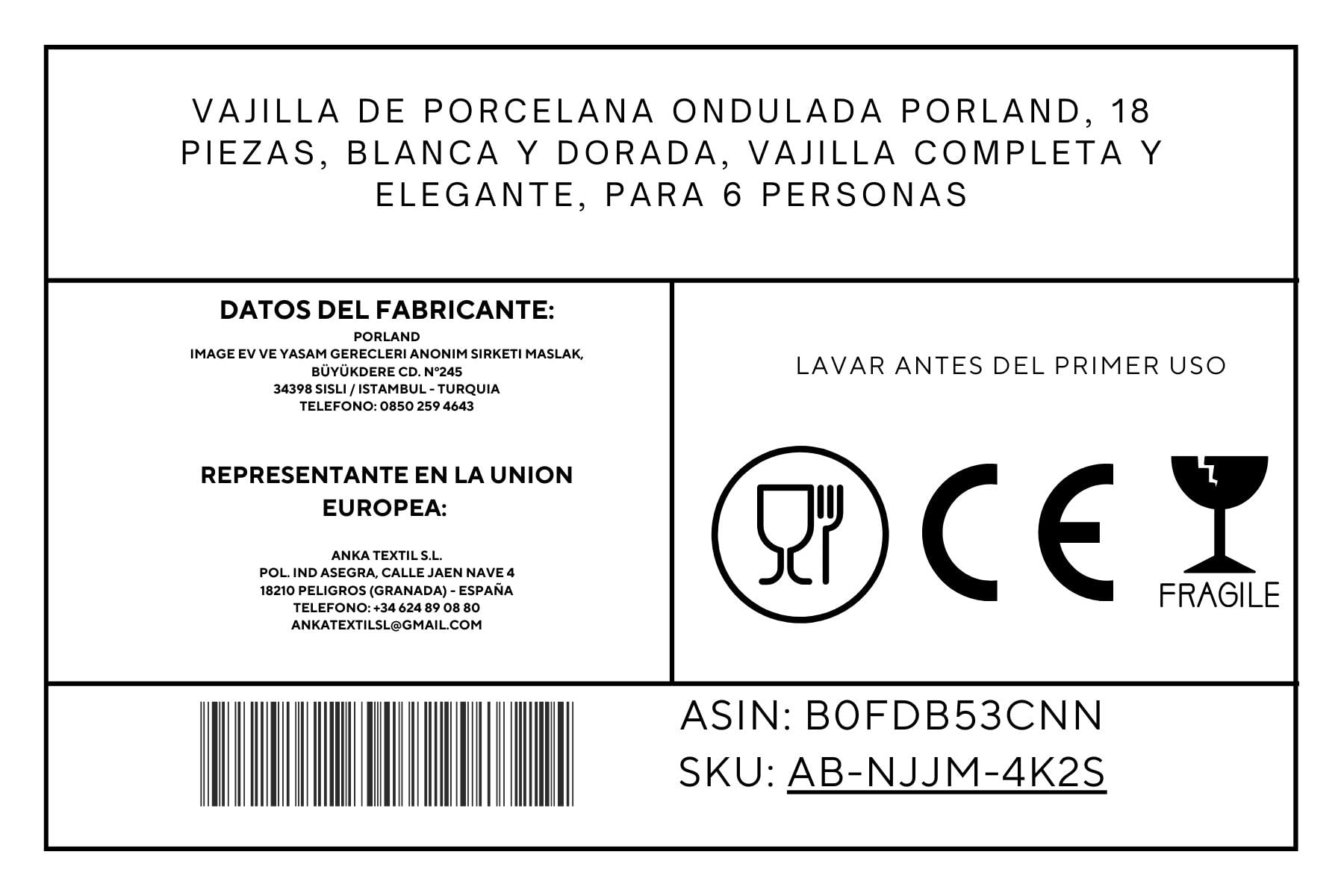Porland Vajilla de porcelana ondulada, 18 piezas, color blanco y dorado, vajilla completa y elegante para 6 personas