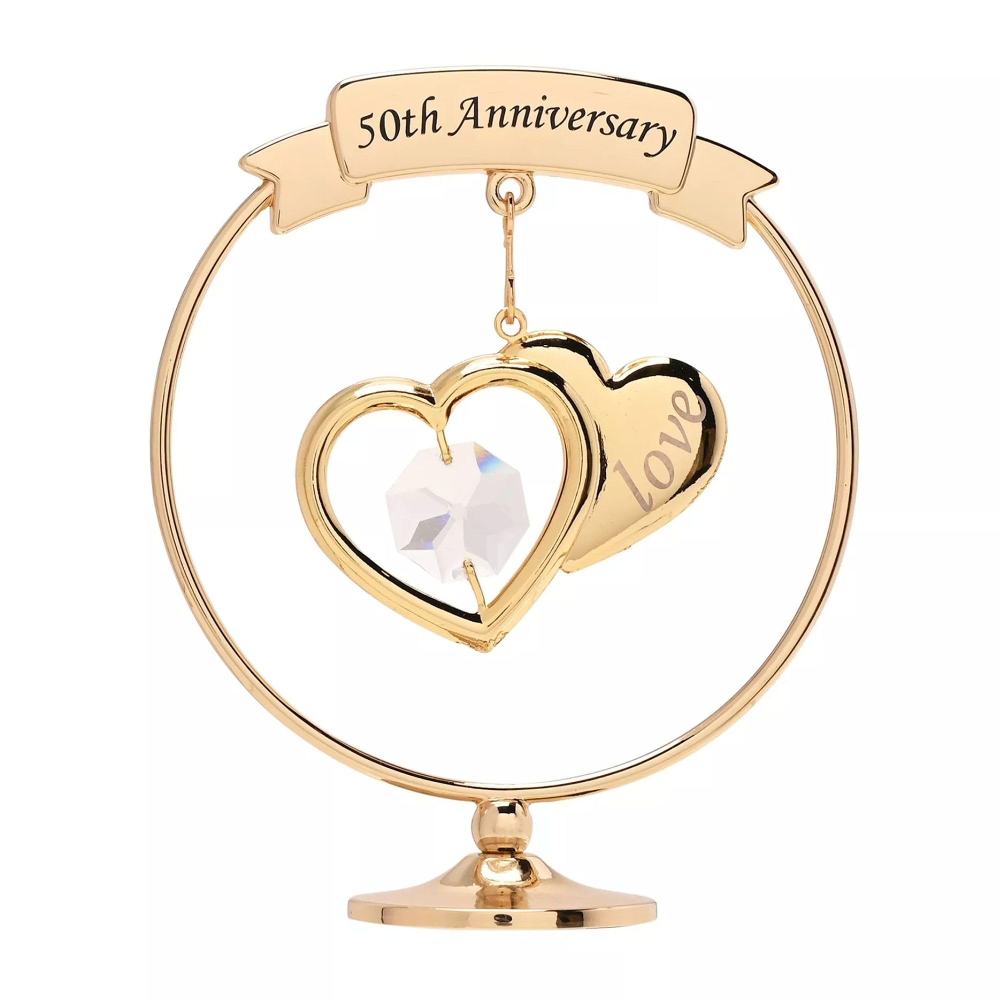 Widdop & Co 50th Wedding Anniversary Ornament - Gold Plated Circle with Intertwined Hearts and Gemstone, 9cm - Golden for Wife, Husband or Couple Keepsake
