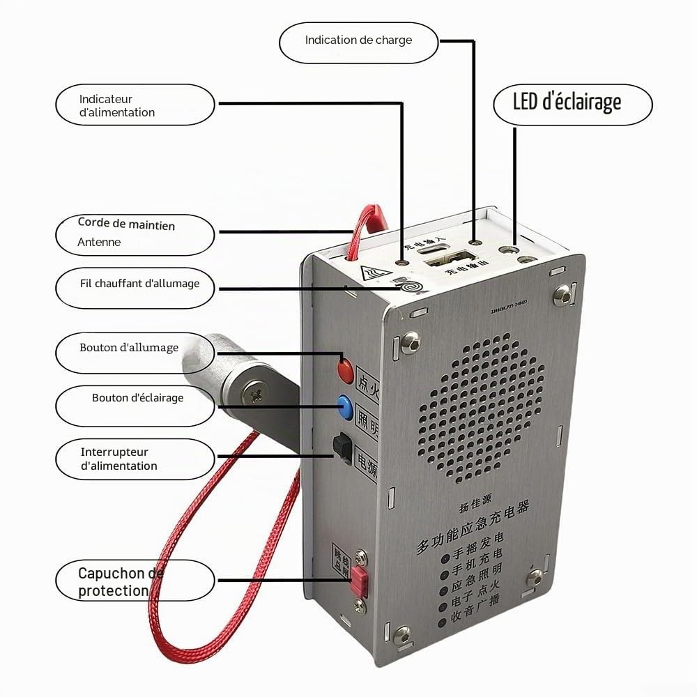 Eawfgtuw Chargeur dynamo portable à manivelle pour téléphones portables, générateur d'énergie, équipement de camping en plein air, appareil de charge USB, équipement d'aventure (version batterie)