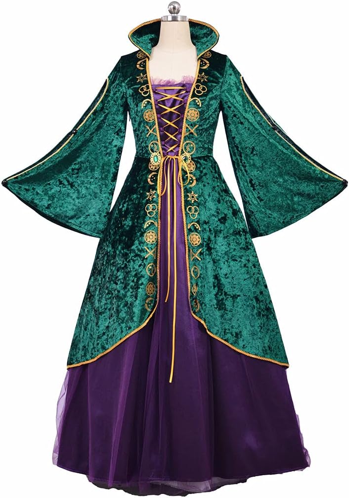 Women's Medieval Green Velvet Dress Halloween Witch Costume Robe Plus Size
