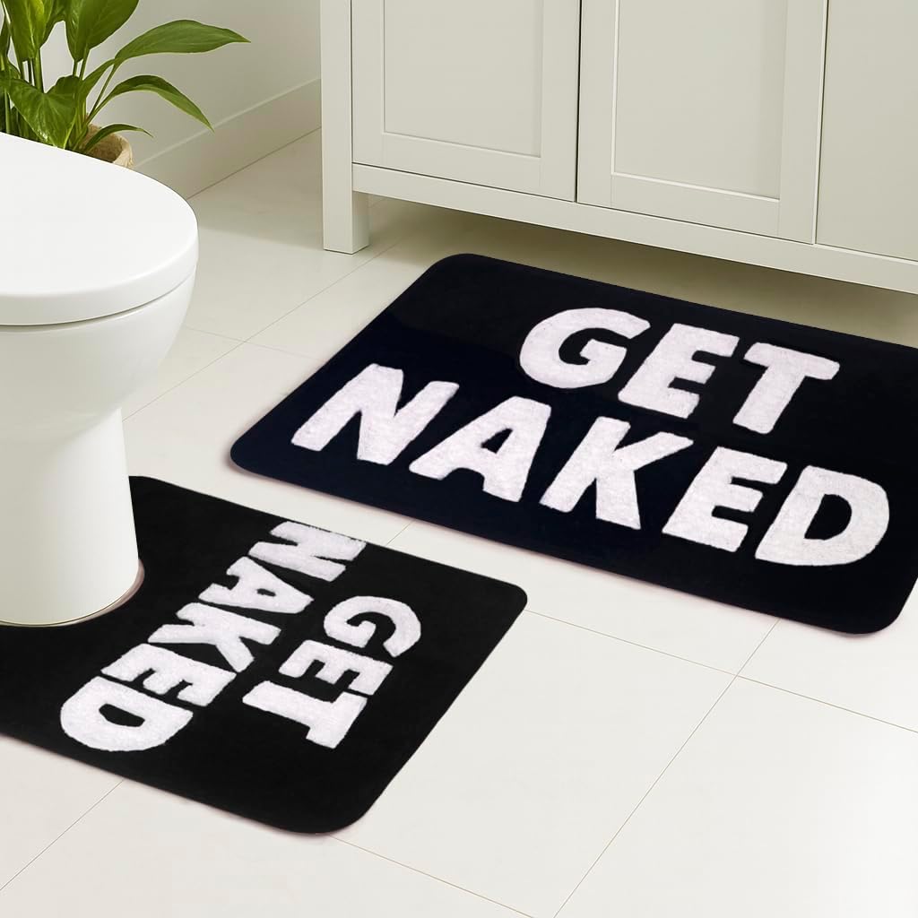 Bath Rugs Set Get Naked - Microfiber Bath Mat and U Shaped Contour Rug, Machine Washable Non-Slip Bath Rug for BathroomFloor (Black, 24" x 16" + U Shape 24" x 20")