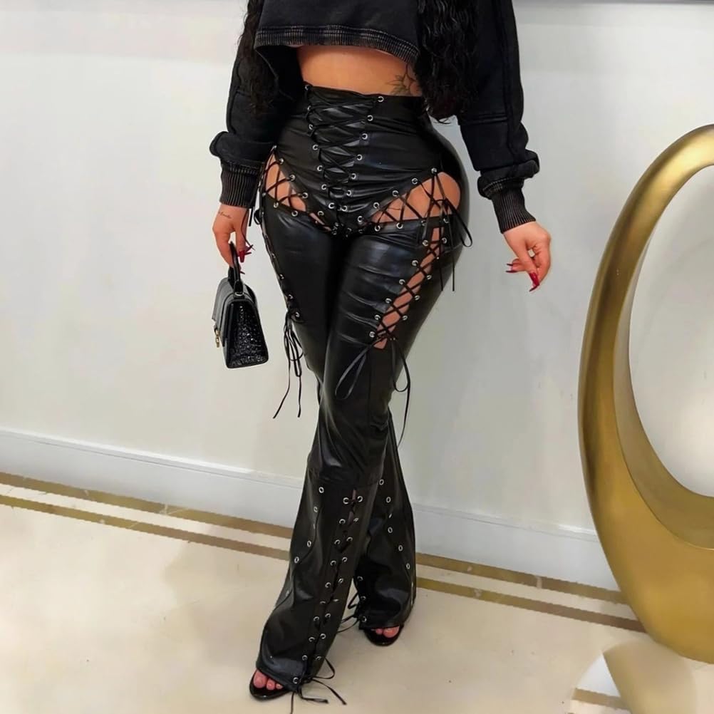 Women's Trendy Sexy Cross-Strap Cutout Design Back Zipper Drawstring Legs Leather Pants