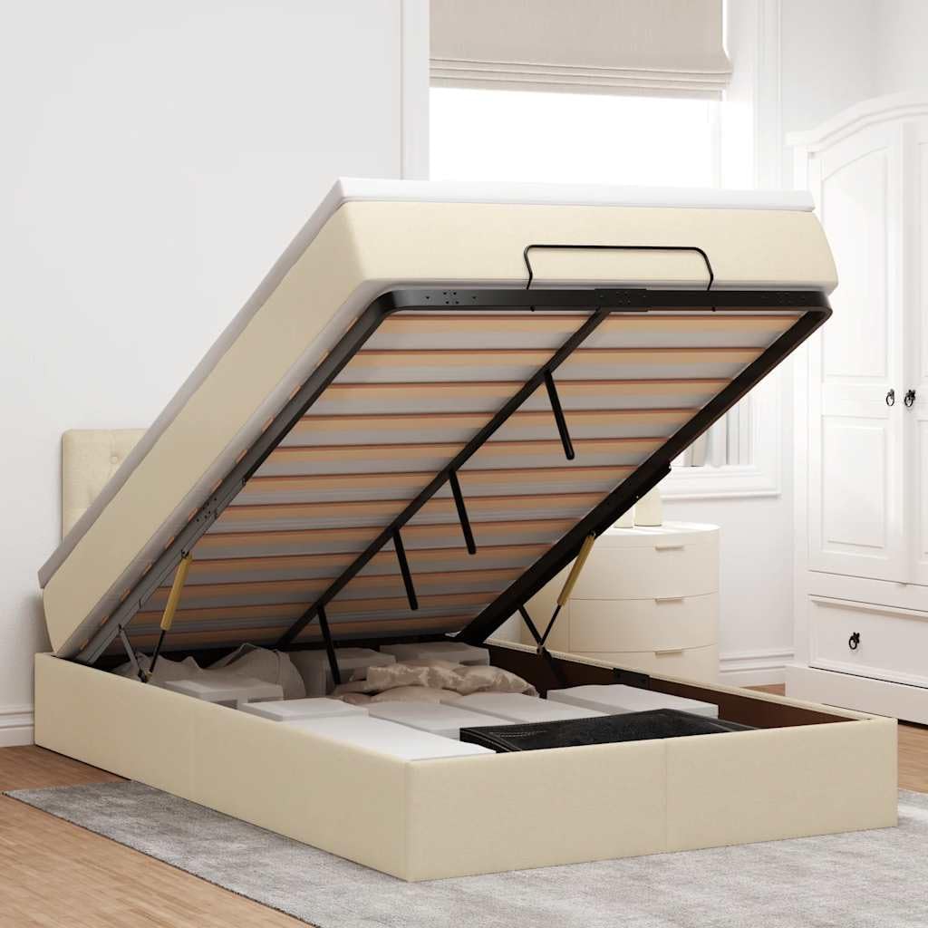 Cama otomana con colchón, 120 x 200 cm, tela crema, LED, gran espacio de almacenamiento, mecanismo de elevación hidráulica para jóvenes y habitaciones de invitados
