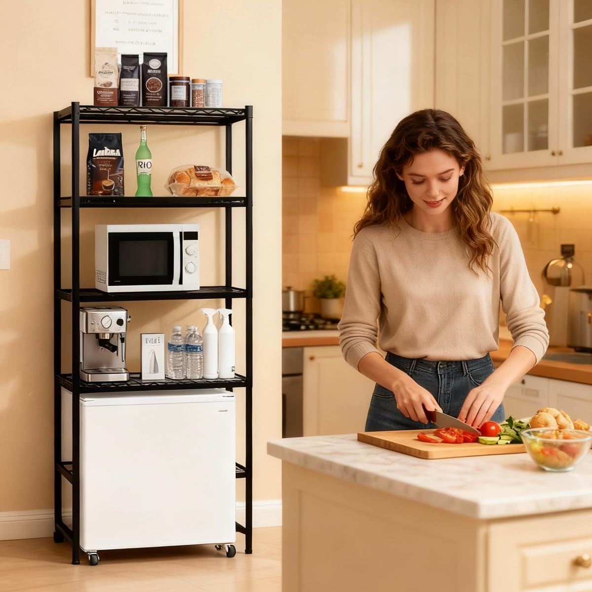 4 Tier Mini Fridge Shelf with Storage for Dorm Adjustable Hight Over Mini Fridge Storage Shelf Heavy Duty Mini Fridge and Microwave Shelf for Apartment,Kitchen,Office,24"W x 18"D x 77"H (Black)