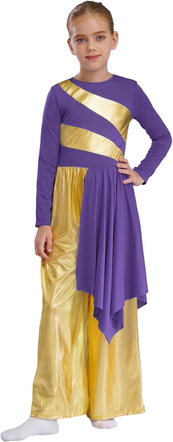JEATHA Girls Long Sleeve Lyrical Praise Dance Dress with Metallic Wide Leg Pants Overlay Worship Gowns