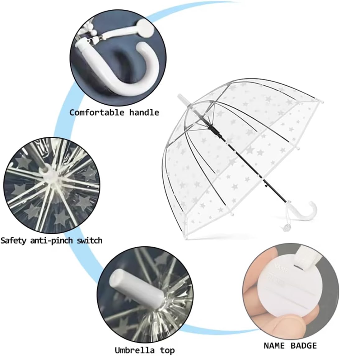 Children's Transparent Umbrella Star Pattern Clear View Cute Fresh Style with Dome Canopy for Wedding Fibreglass Tailbone Lightweight Wind and Rain Protection for Toddler Girls and Boys