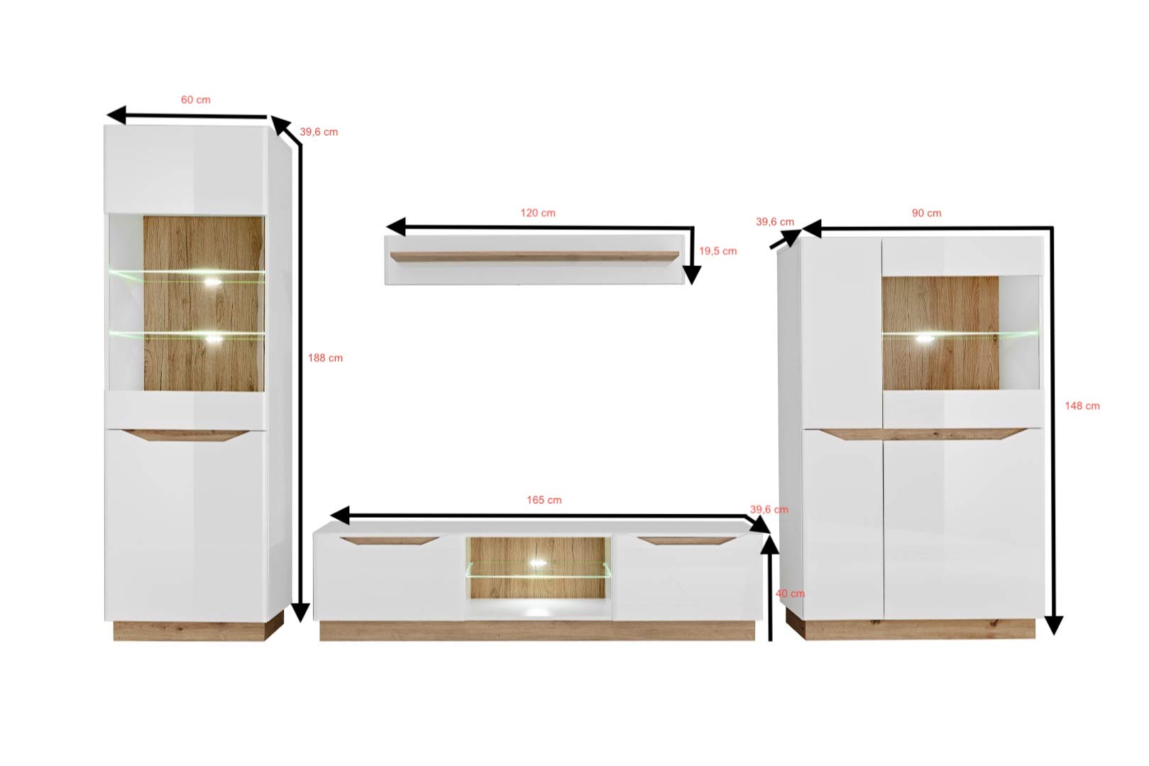 Generisch Wohnwand Fame Wohnzimmerset Wohnzimmer Wand Regal TV Wand Matt Hochglanz Vitrinenschrank Lowboard Wandregal mit LED (Weiss/Artisan Eiche)