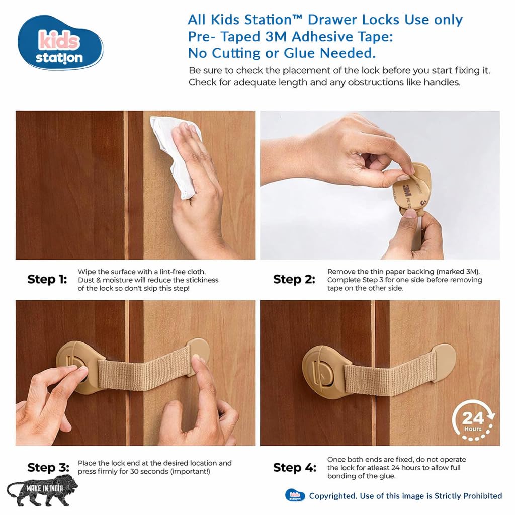 Kids Station Made in India Furniture Safety Locks for Kids, Child Safety Locks for Drawer, Cabinet, Cupboard, Baby Proofing Product, Strong Adhesive Safety Lock (Beige, Pack of 2) 4
