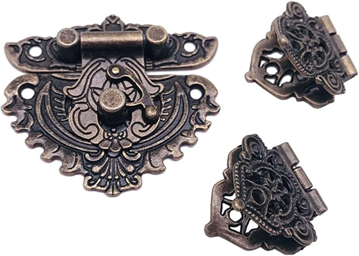 Hasps Latch, 1 Piece of Bronze Furniture Hardware Box Lock Buckle Lock Buckle + 2 Pieces of Decorative Cabinet Hinges for Jewellery Wooden Boxes(Color:3pcs Set)