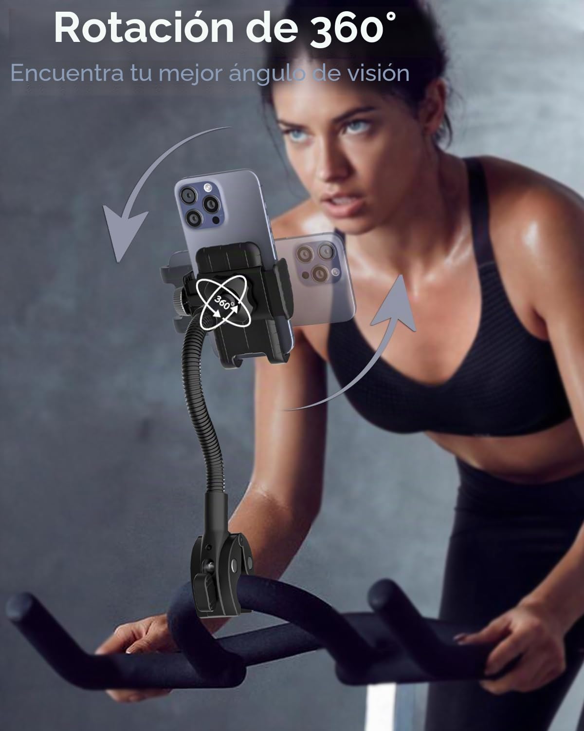 Soporte Teléfono Bicicleta Spinning, [Flexible Estable] Soporte Movil Bicicleta Estatica, Soporte Movil Bicicleta Cuello de Cisne para iPhone 15 14 Pro MAX, Galaxy S, Teléfonos 4-7"
