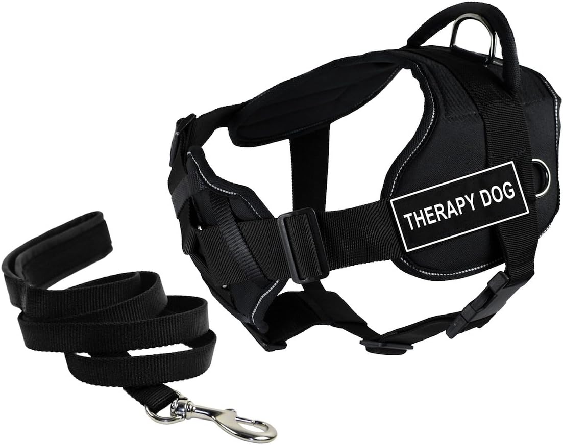 Dean & Tyler Bundle of 34 to 47-Inch DT Fun Harness with Chest Support, X-Large, Reflective Trim and 6-Feet Stainless Snap Padded Puppy Leash, Black, Therapy Dog
