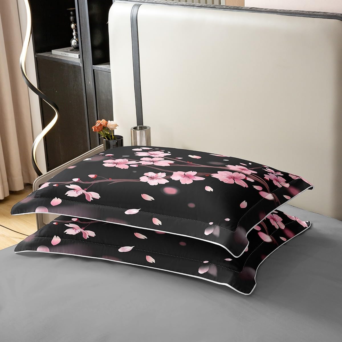 jejeloiu Cherry Blossoms Duvet Cover 100% Cotton Queen Size Japanese Style Bedding Cotton Duvet Cover Set Decor Sakura Flower Comforter Cover Set Floral Botanical Pink Black Bedspread Cover