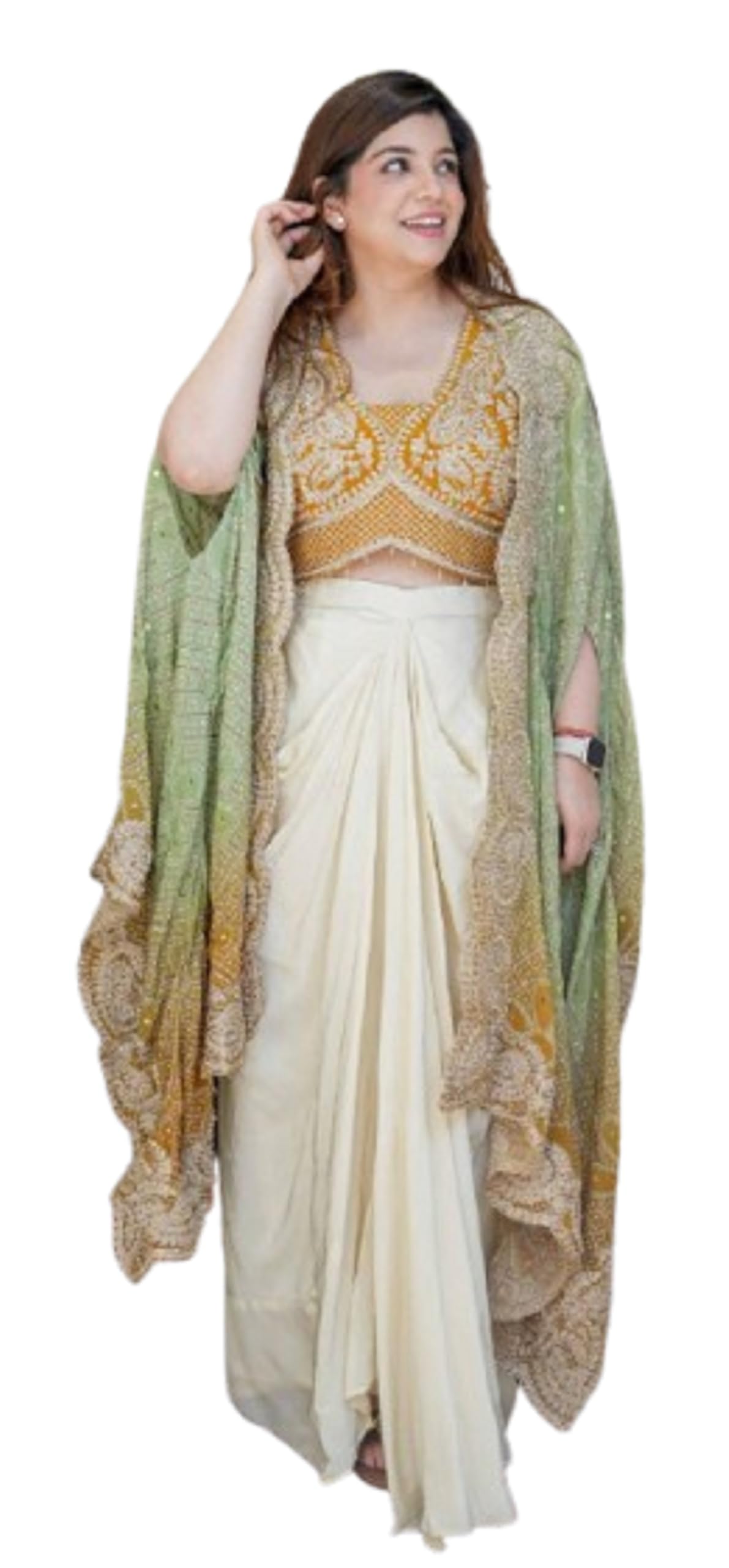 Lehenga Choli Indo-Western Draped Saree Set For Womens And Girls Ready To Wear Hevay Chinon Silk Fabric With Work Multi Thread Embroidery Coding Sequence Yellow-image-45