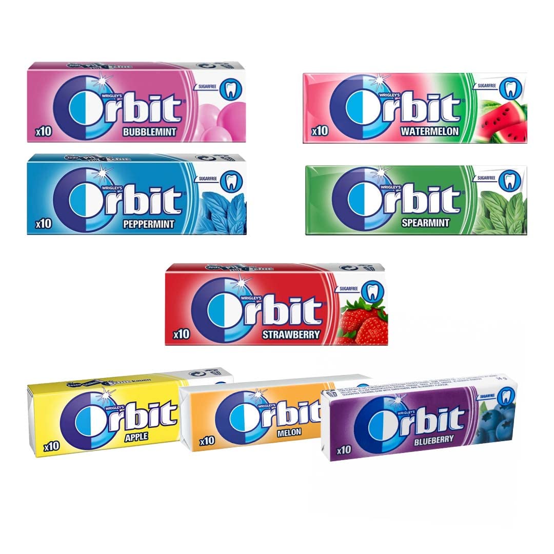 Wrigley's Orbit Chewing gum, Pick and Mix pack of 15 and 30, We have choose Peppermint, Spearmint, Watermelon, Strawberry, Bubblemint, Blueberry, Melon, Apple.