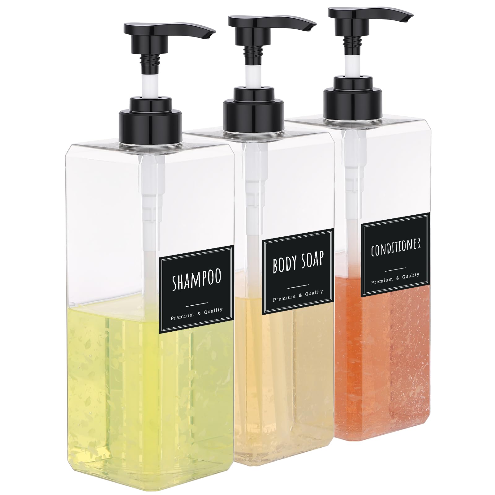 Segbeauty Dispenser Sapone Bagno Trasparente, 3 Pezzi 1000ml Dosatore Shampoo con Etichetta, Flaconi Vuoti in Plastica, Dispenser Sapone per Cucina e Bagno (Quadrato)