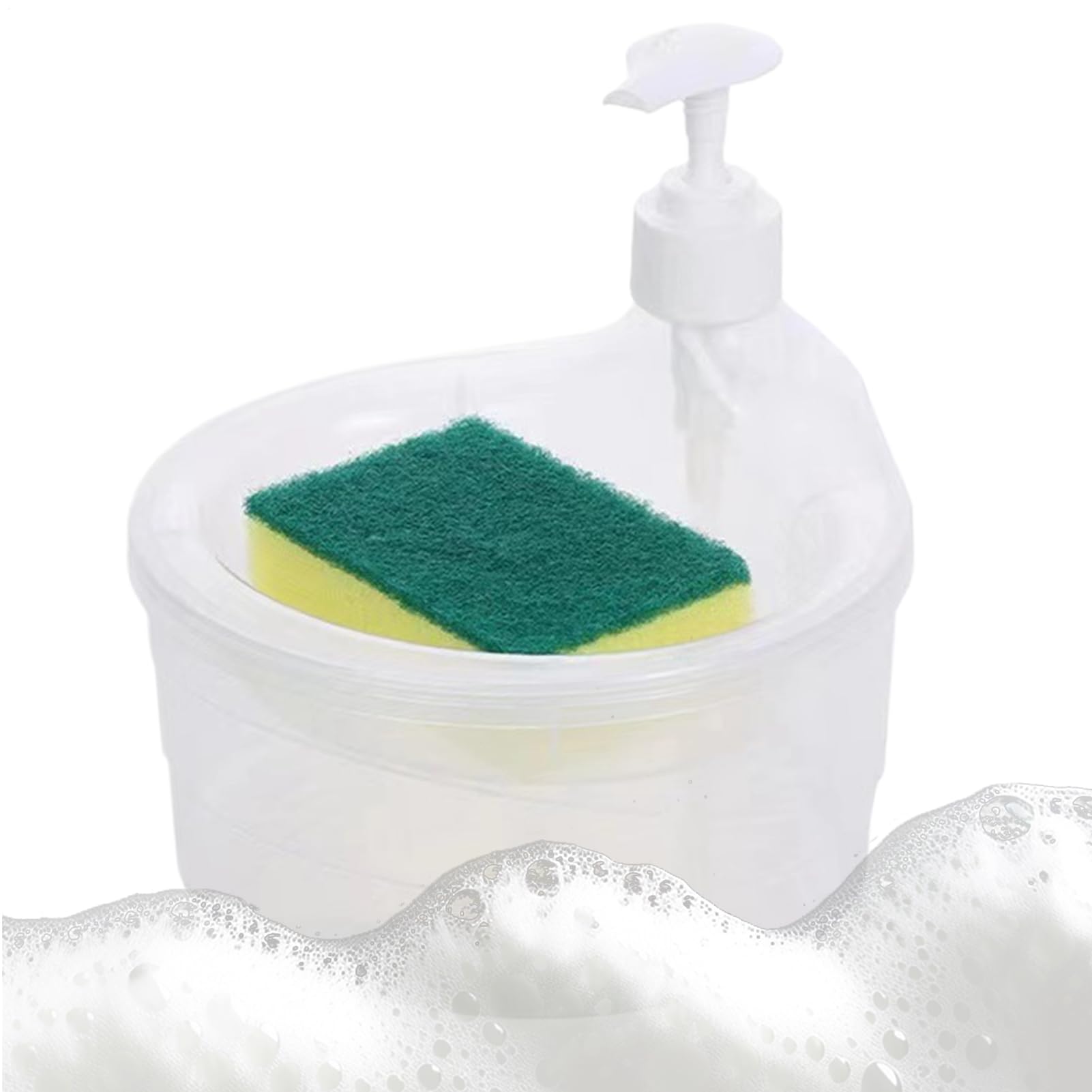 2-in-1 Dishwashing Dispenser with Sponge, Liquid Pump Bottle and Holder, Compact Sturdy Space-Saving Kitchen Sink Accessory for Cleaning Plates, Bowls, Glasses, and Utensils