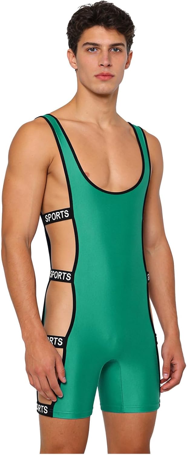 Freebily Adult Glossy Bodysuit for Men One Piece Swimsuit Sleeveless Low Neck Hollow Out Rash Guard