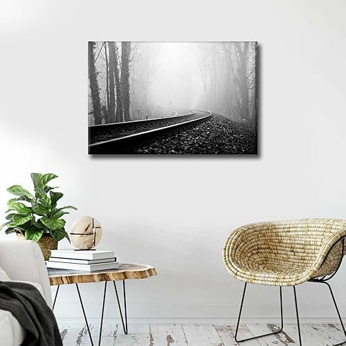 Vista 153 de 1 lienzo decorativo para pared, ferrocarril a través del bosque de pinos con niebla, decoración moderna para el hogar, sala de estar, arte de pared