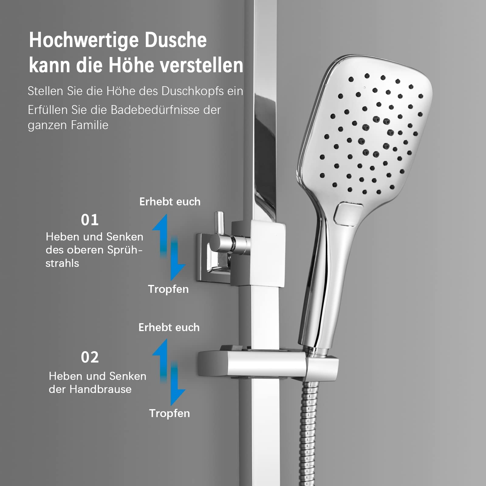 KOMIRO Duschsystem ohne Armatur, Regendusche Ohne Armatur,Duschset mit Duschkopf 30x30cm, Handbrause mit 3 Strahlarten, Edelstahl Duschstange Höhenverstellbar,Quadrat