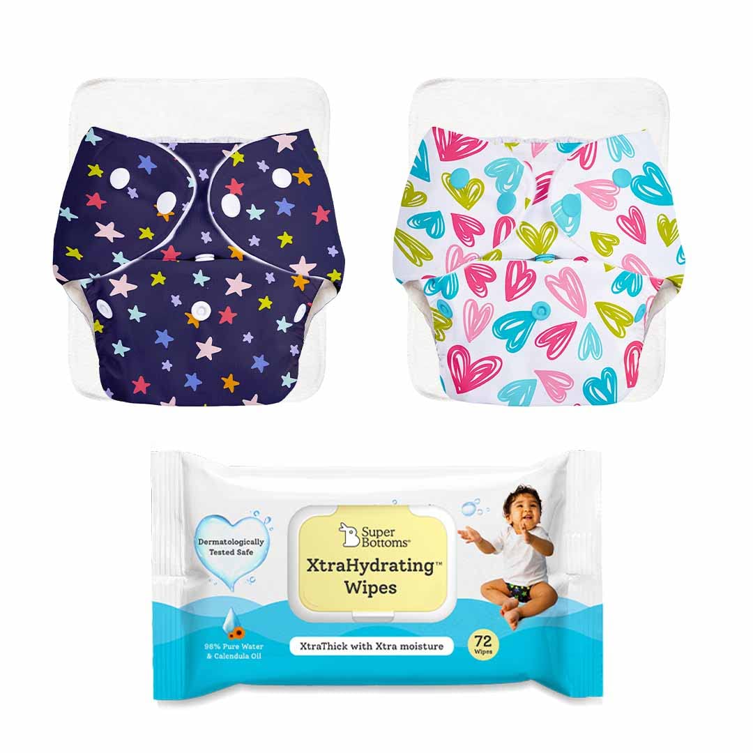 2 BASIC Reusable Cloth Diaper (ASSORTED) for babies & Pack of 40 XtraHydrating™ Wipes FREE | Unscented Baby Wipes, 3.5x extra moisture | Adjustable Organic Diapers for day time (with 2 quick dry pad)