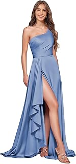 One Shoulder Satin Bridesmaid Dress for Women with Slit Ruched Ruffle Formal Gowns - Buy now