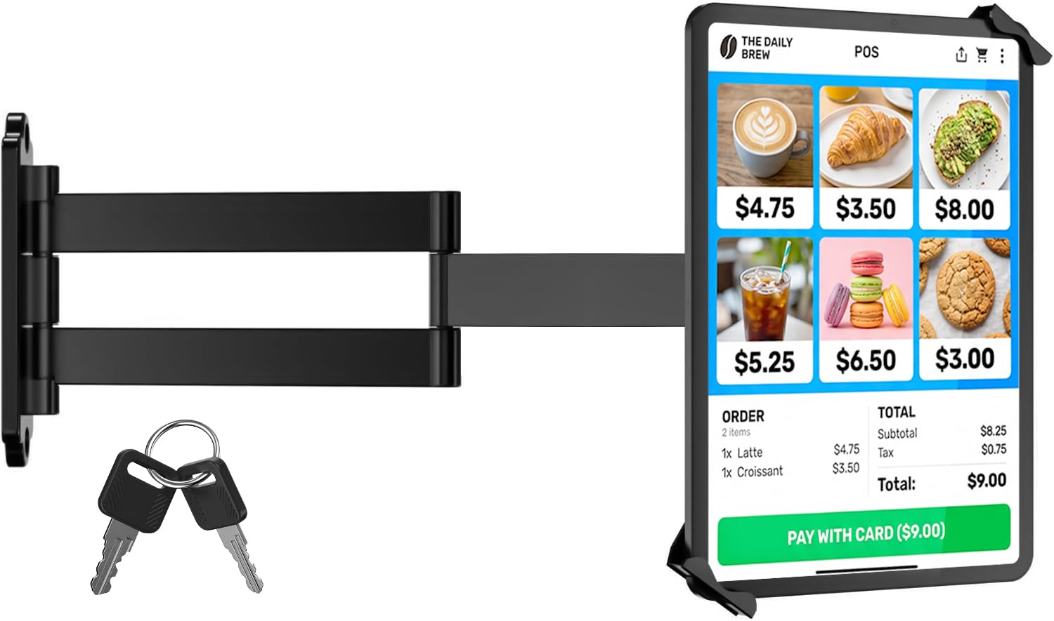 Soporte De Pared Para Tablet Antirrobo, Metálico Para iPad 7"-14" Pro Air Galaxy Tab, Brazo De Seguridad Con Movimiento Completo Y Cerradura Con Llave Para Tiendas, POS Y Kioscos Comerciales, Negro
