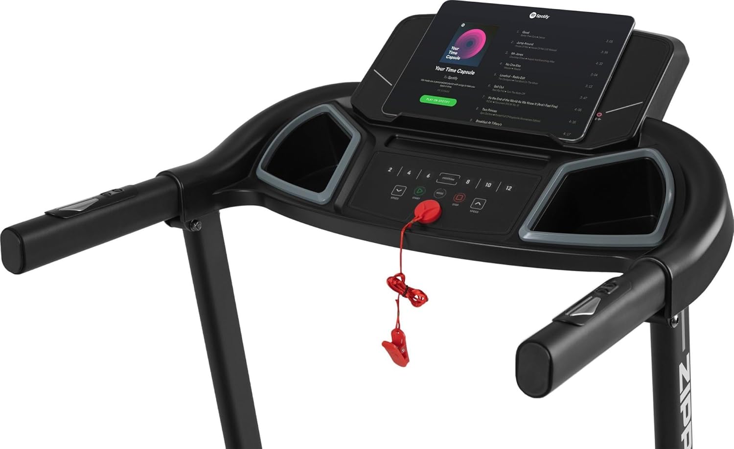 Treadmill console with tablet playing music
