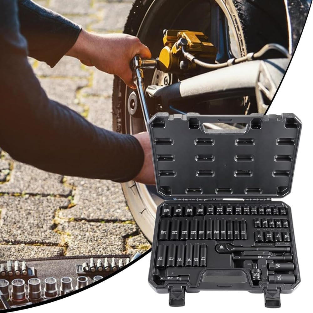 3/8インチ ソケットセット - 47ピース 浅型/深型ラチェットセット - クイックリリース 72歯 メトリックレンチ 自転車、配