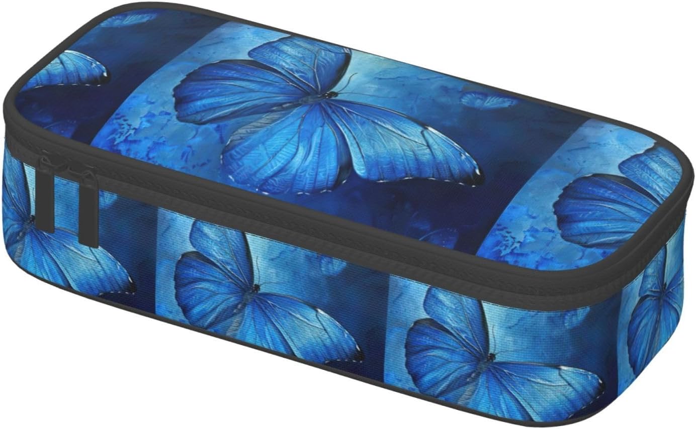 Blue Butterfly Print Large Capacity Layered Pencil Pouch, Zipper Storage Bag with Mesh Pocket & Pen Slots image 2