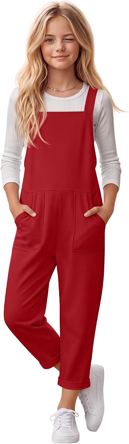 Xaatren Girls' Overalls Harem Pants Wide Strap Jumpsuits Loose Rompers Cuffed Hem Long Pants with Pockets 5-14 Years