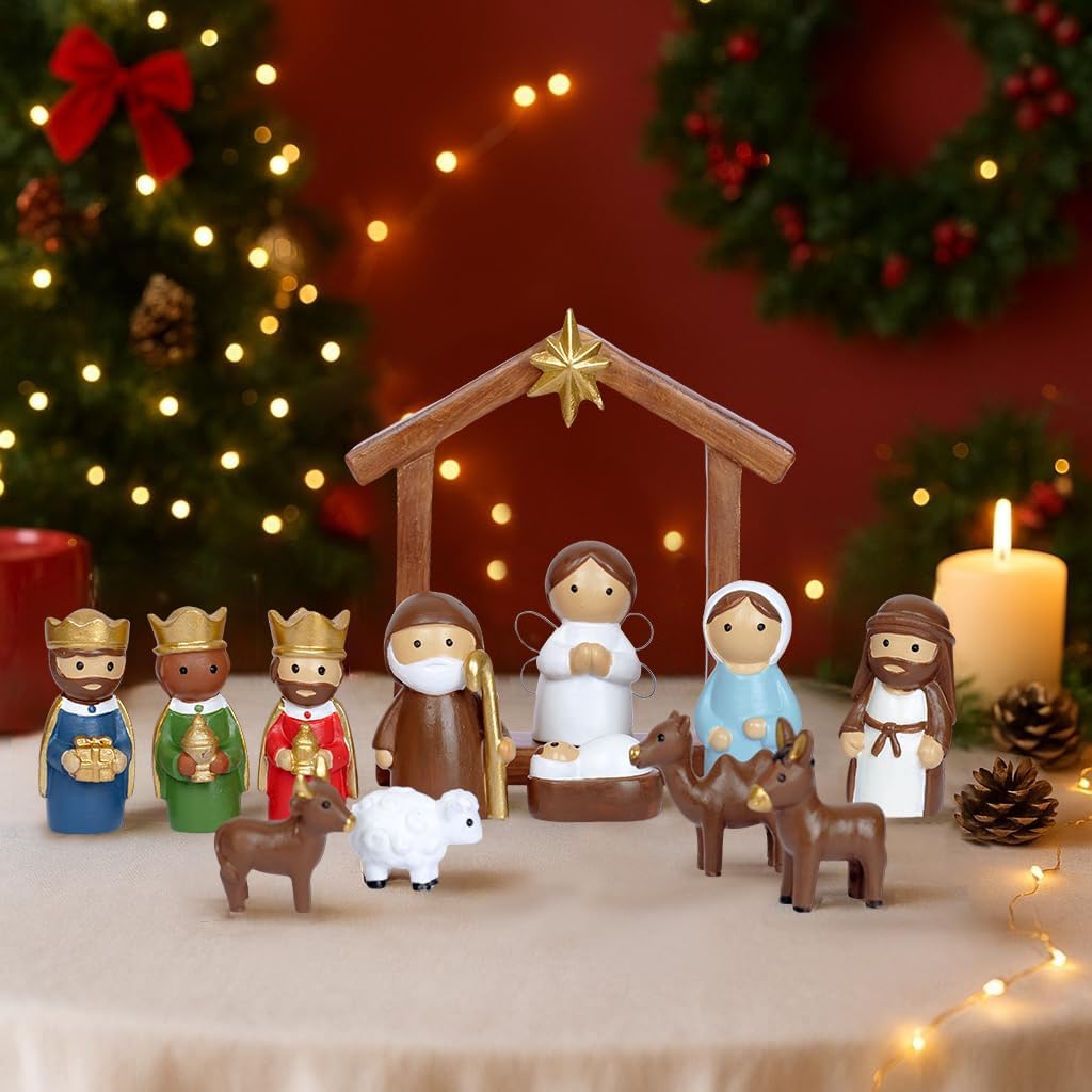 Christmas Nativity Scene Set 14 Piece Nativity Scene with Manger for Nativity Scene Indoor Decor Nativity Story Figures Nativity Set Decoration Mini Miniature Religious Christmas Holy Family Figurines