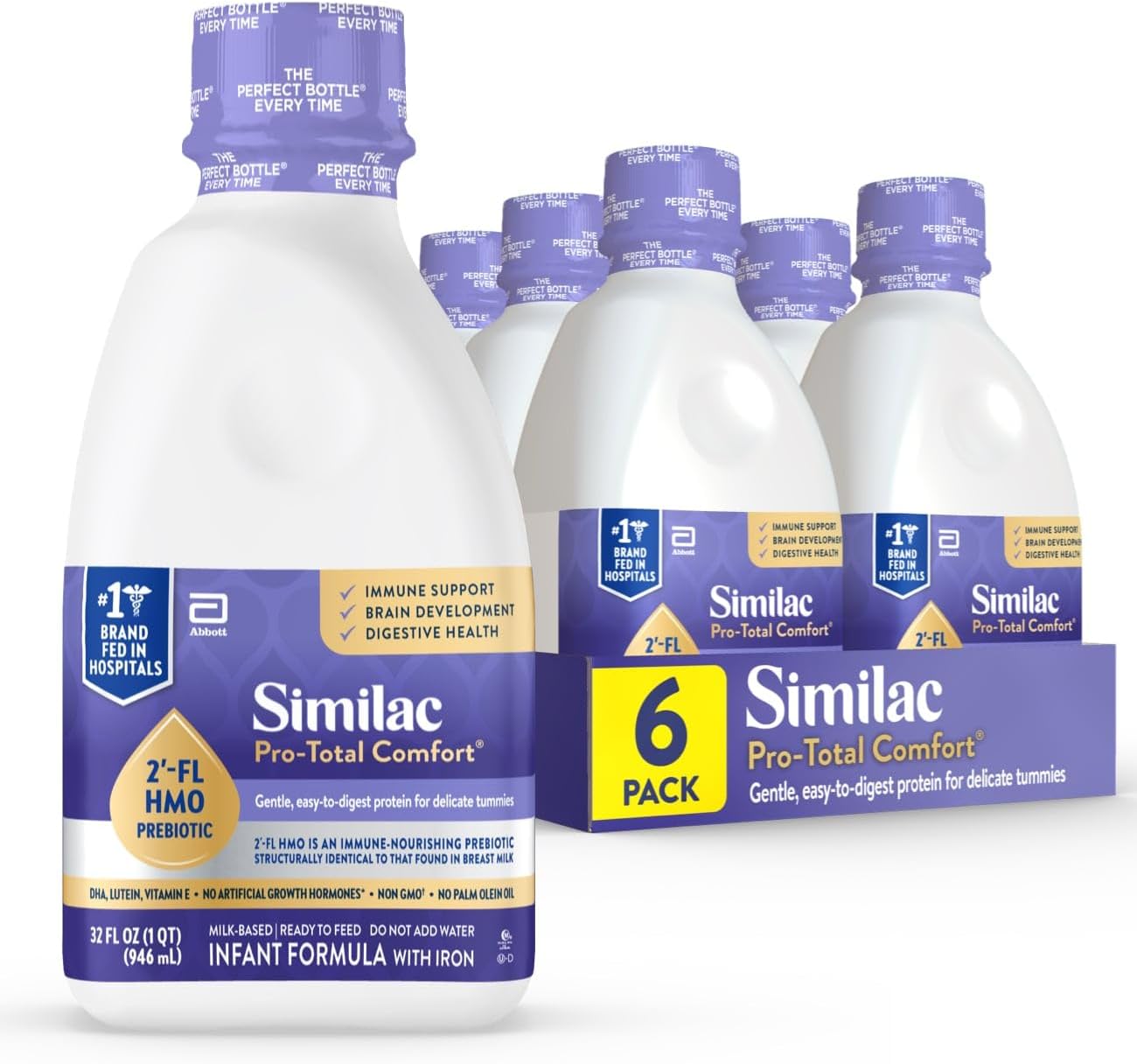 Similac Pro-Total Comfort Infant Formula With Iron, Gentle, Easy-to-Digest Formula, Has 2'-FL HMO for Immune Support, Non-GMO, Ready-to-Feed Baby Formula, 32-fl-oz Bottle, Pack of 6