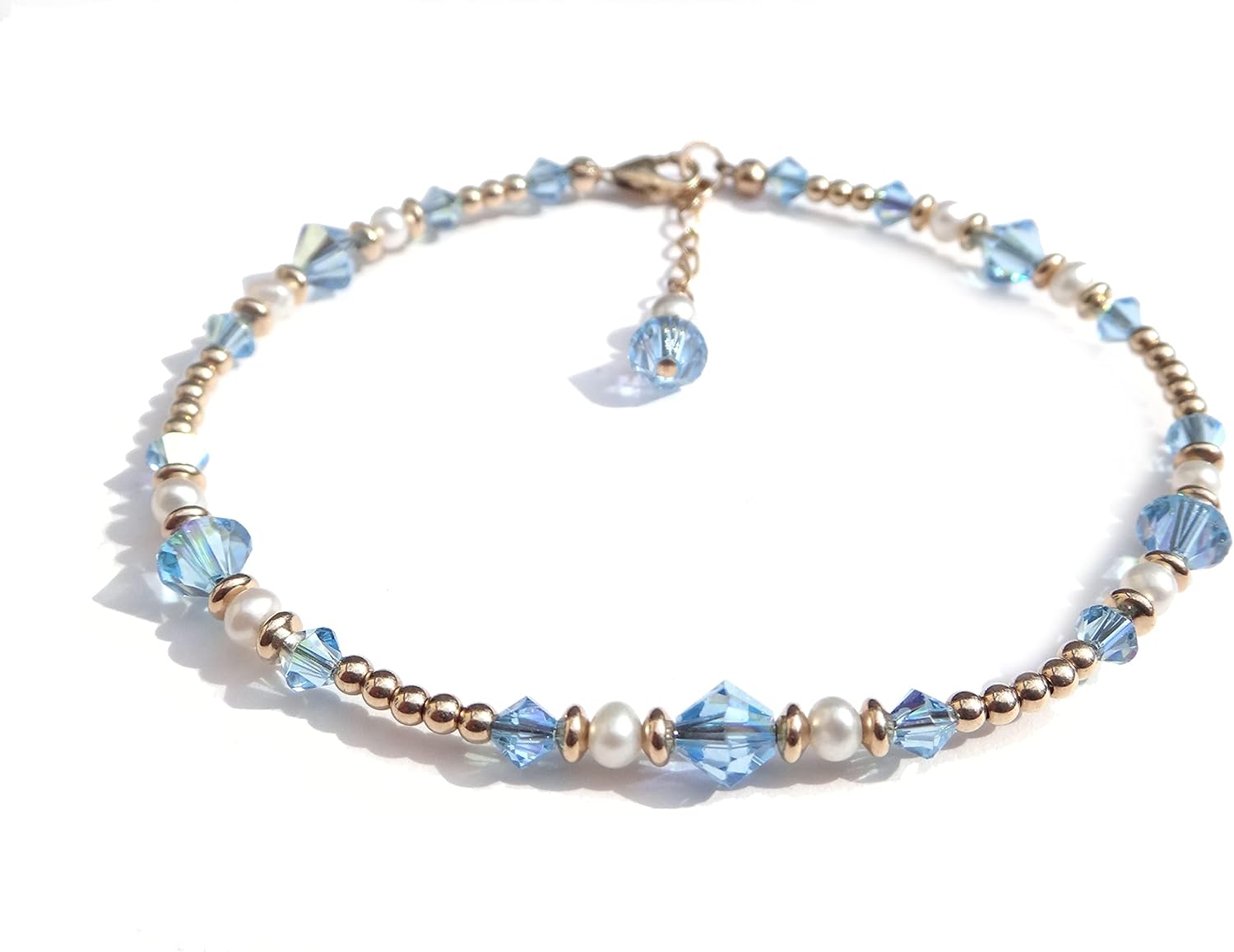 Aquamarine Ankle Bracelets, March Birthstone Beaded Anklet, Blue Crystal Anklet Sm to XL Plus Sizes