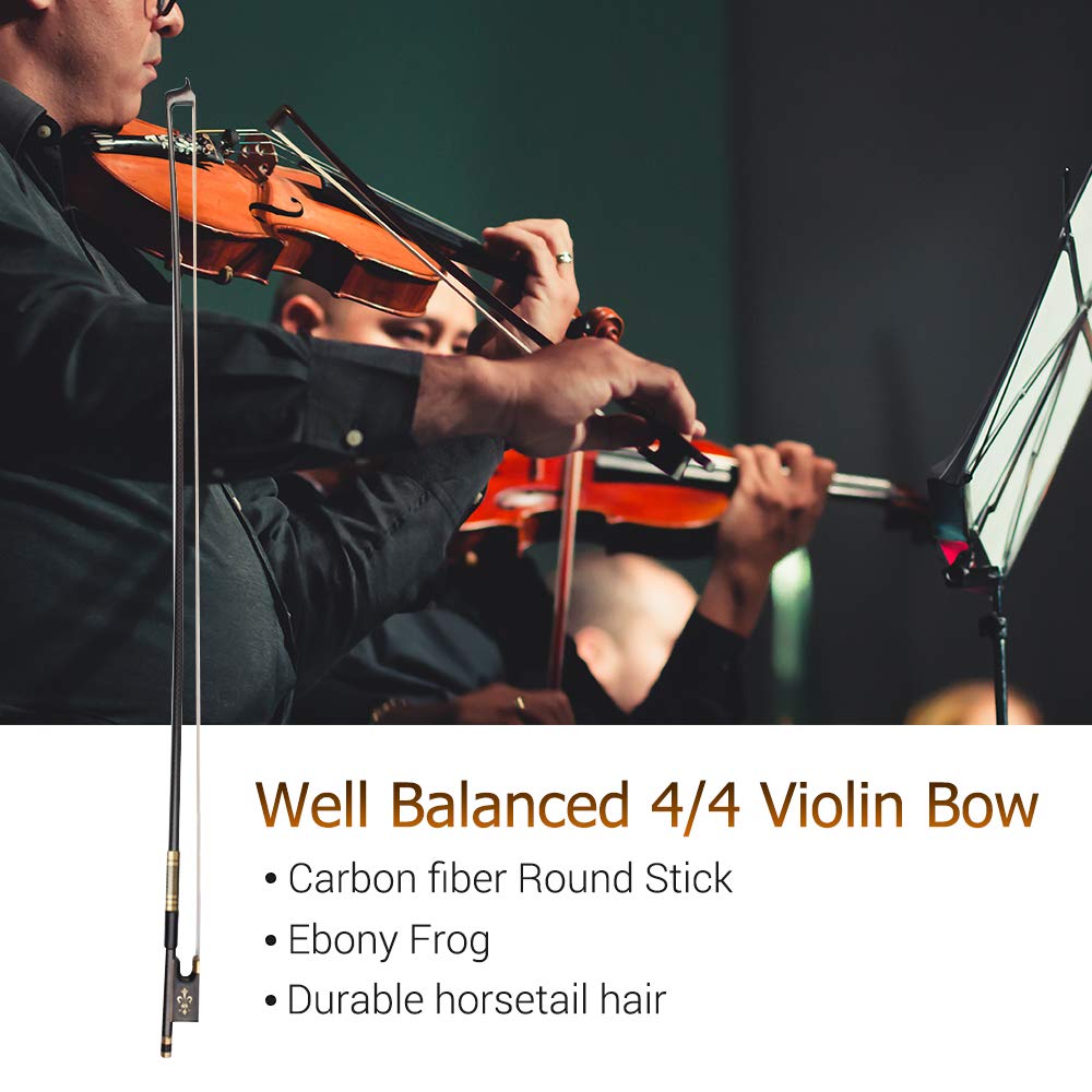 Benkeg Arco de Violín de Fibra de Carbono 4/4, Palo Redondo, Ébano Rana, Cola de Caballo Pelo, Bien Equilibrado