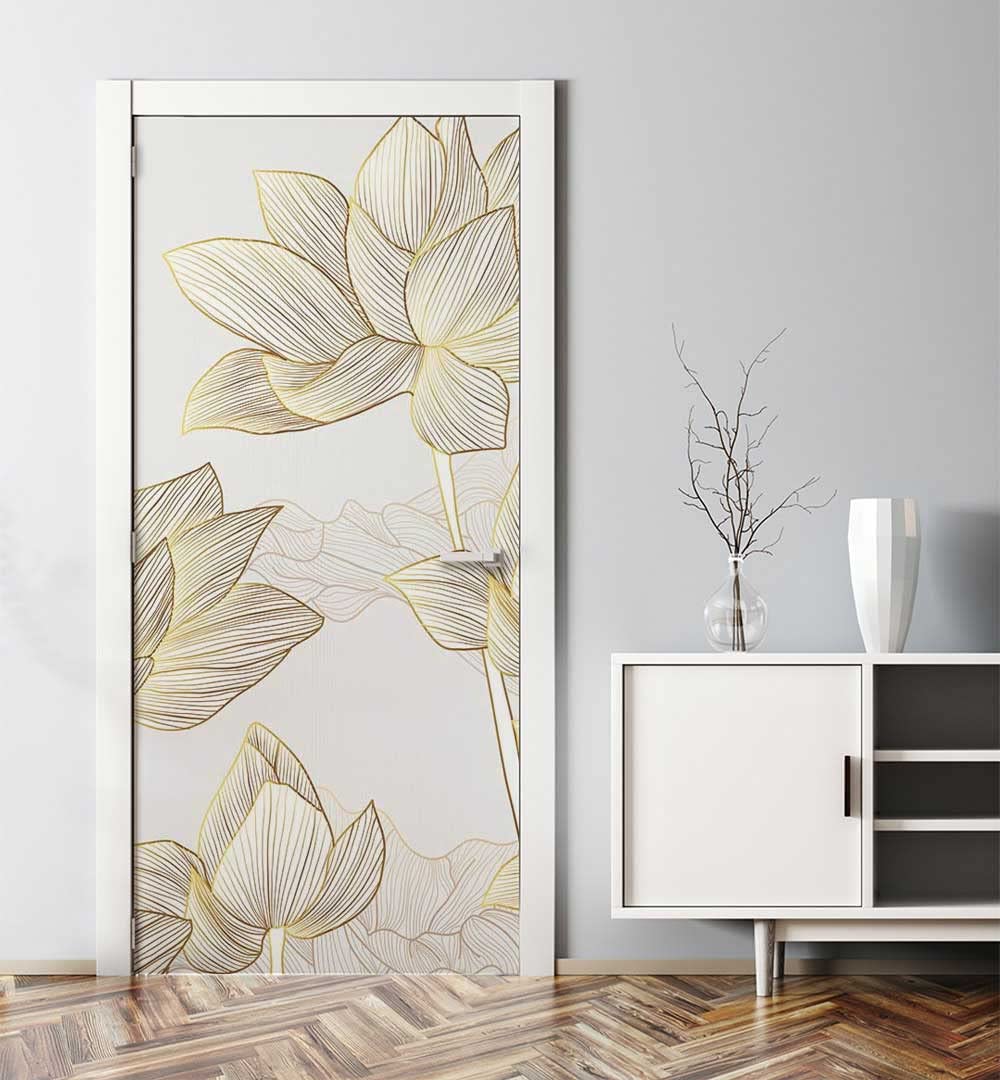 MyMaxxi Türtapete selbstklebend - Einteilige Türfolie 90x200 cm - Motiv: Abstrakt gezeichnete Blumen Gold weiß Türklebefolie zum verschönern & bekleben der Tür - Türaufkleber aus Klebefolie