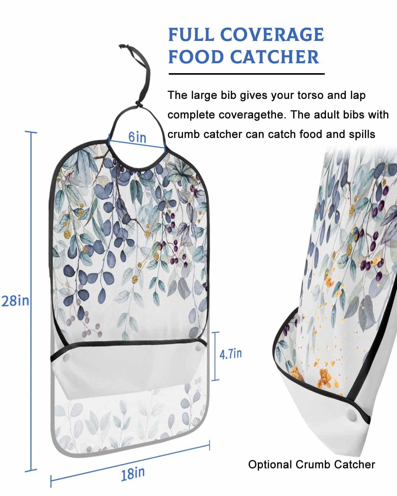 LEOKOTI Navy Blue Teal Botanical Adult Bibs for Eating, Waterproof Bibs with Food Catcher & Snap Closure, Vintage Spring Floral Summer Flowers Washable Clothing Protectors Adult Bibs for Elderly
