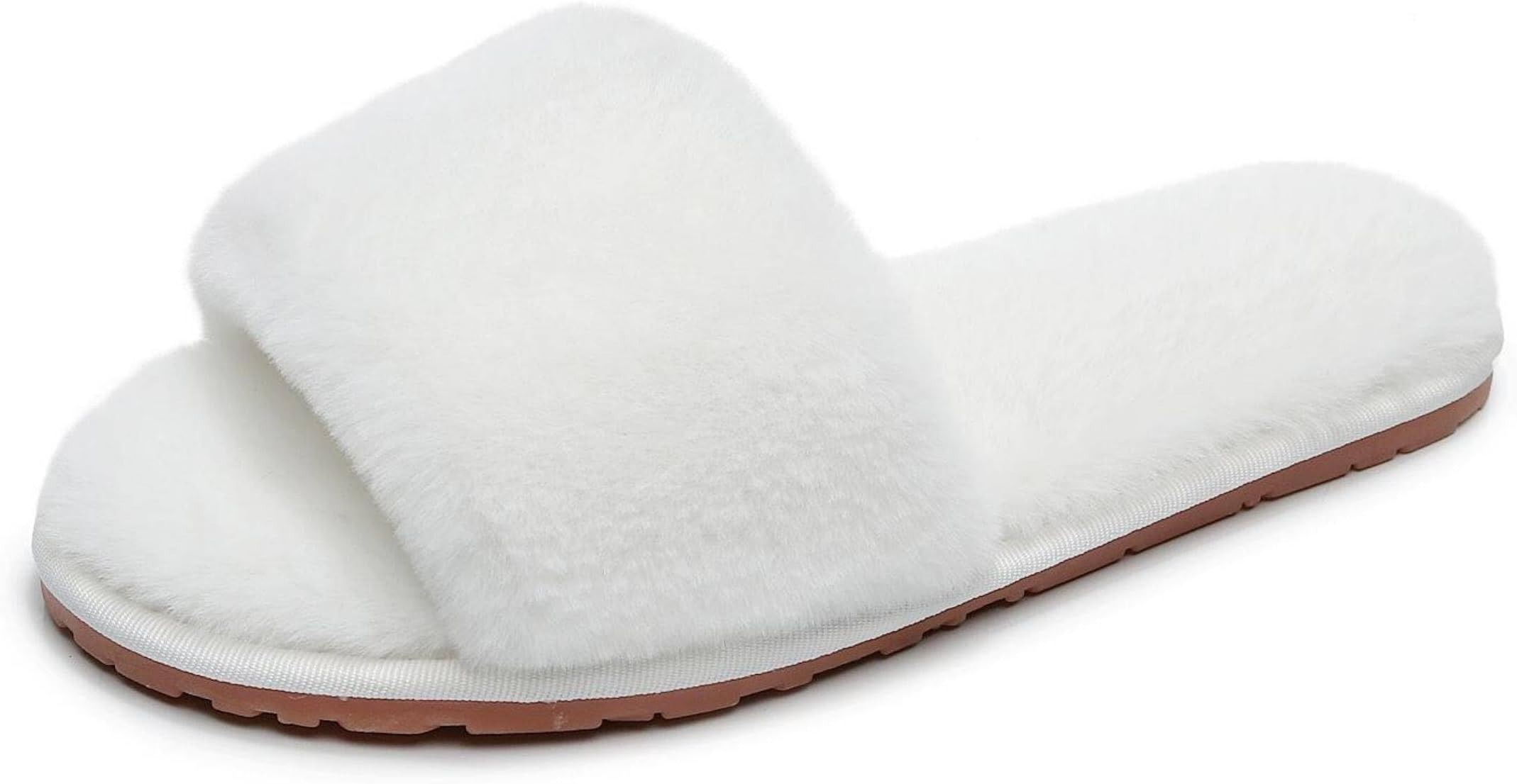 Women's Fuzzy Fluffy Furry Fur Slippers Flip Flop Open Toe Cozy House Sandals Slides Soft Flat Comfy Anti-Slip Spa Indoor Outdoor Slip on (6-7 Narrow, 04/White)4.5-5