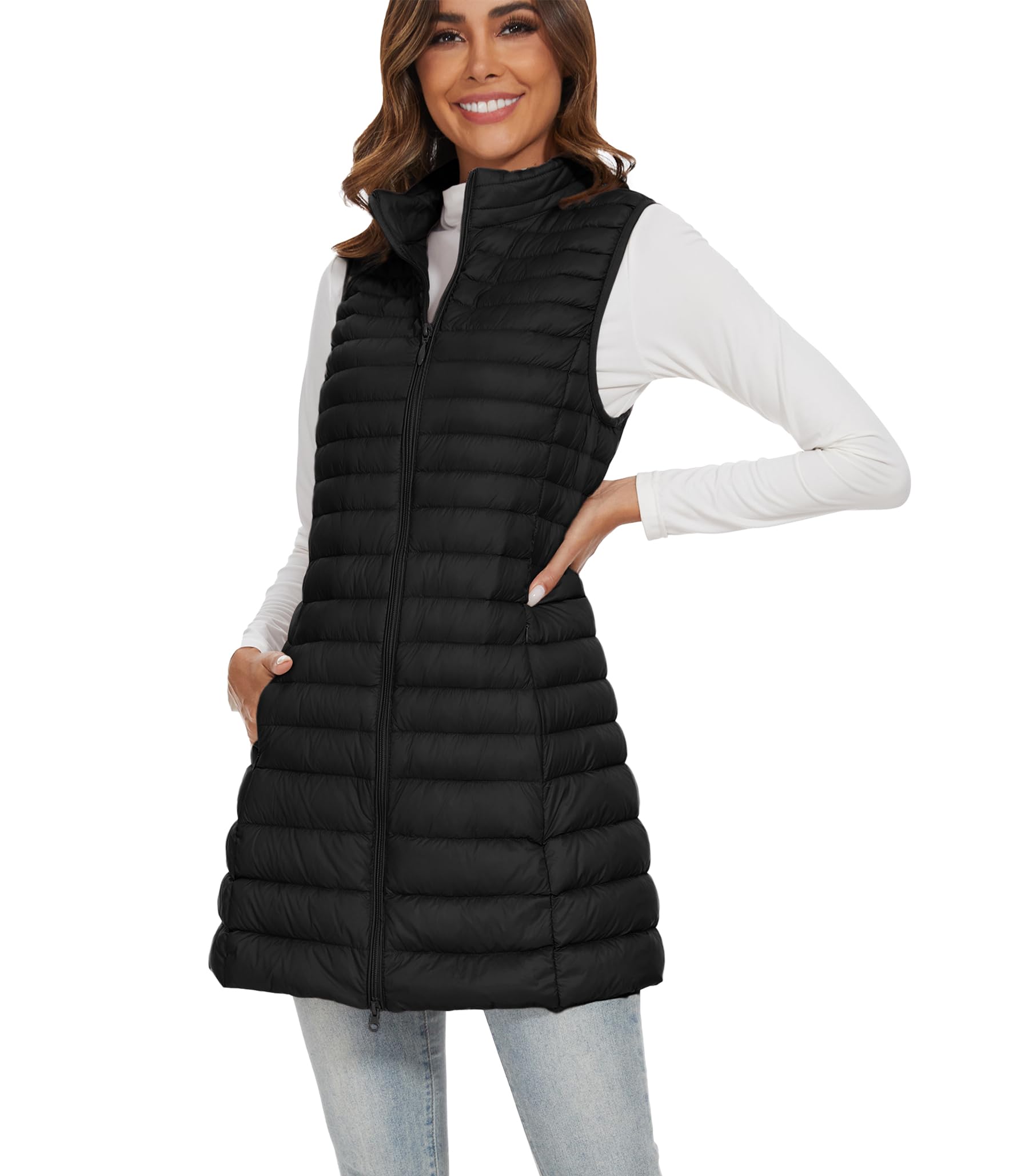 Flygulls Women's Black Long Puffer Vest For Winter Lightweight Down Vest Vests Outerwear Sleeveless Jacket With Pockets, Xxl
