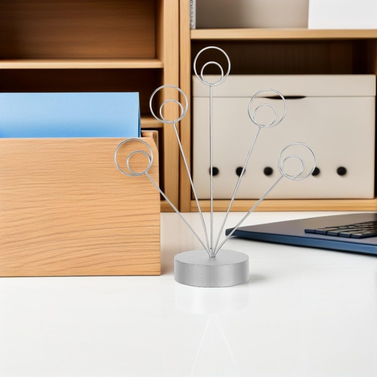 Desk Memo Clip Tree Holder Round-Shaped Photo Stand with Five Round Card Clips, Metal + MDF Stable and Built for Daily Handling for Office and Table Use