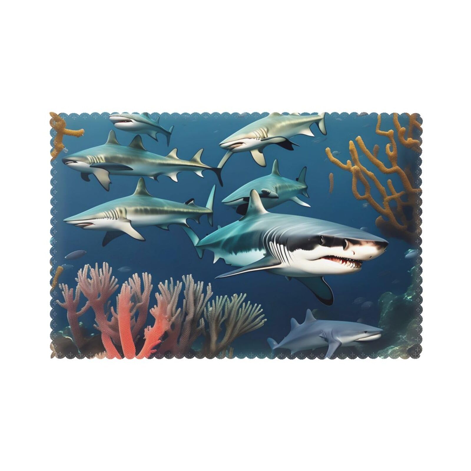 Sharks under the sea Placemat set of 6, oil-proof and insulated dining table placemats, washable and wipeable.