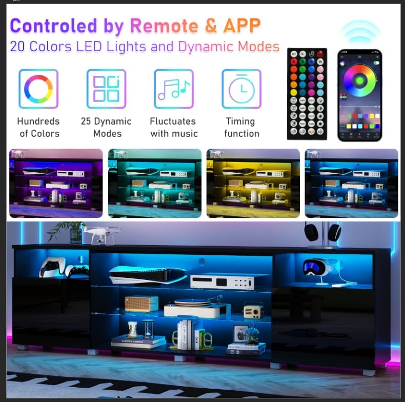 Miniatura 6 de SUSSURRO Soporte de TV LED para TV de 5055 pulgadas, consola central de mesa de televisión con cajón y luces LED, centro de entretenimiento moderno