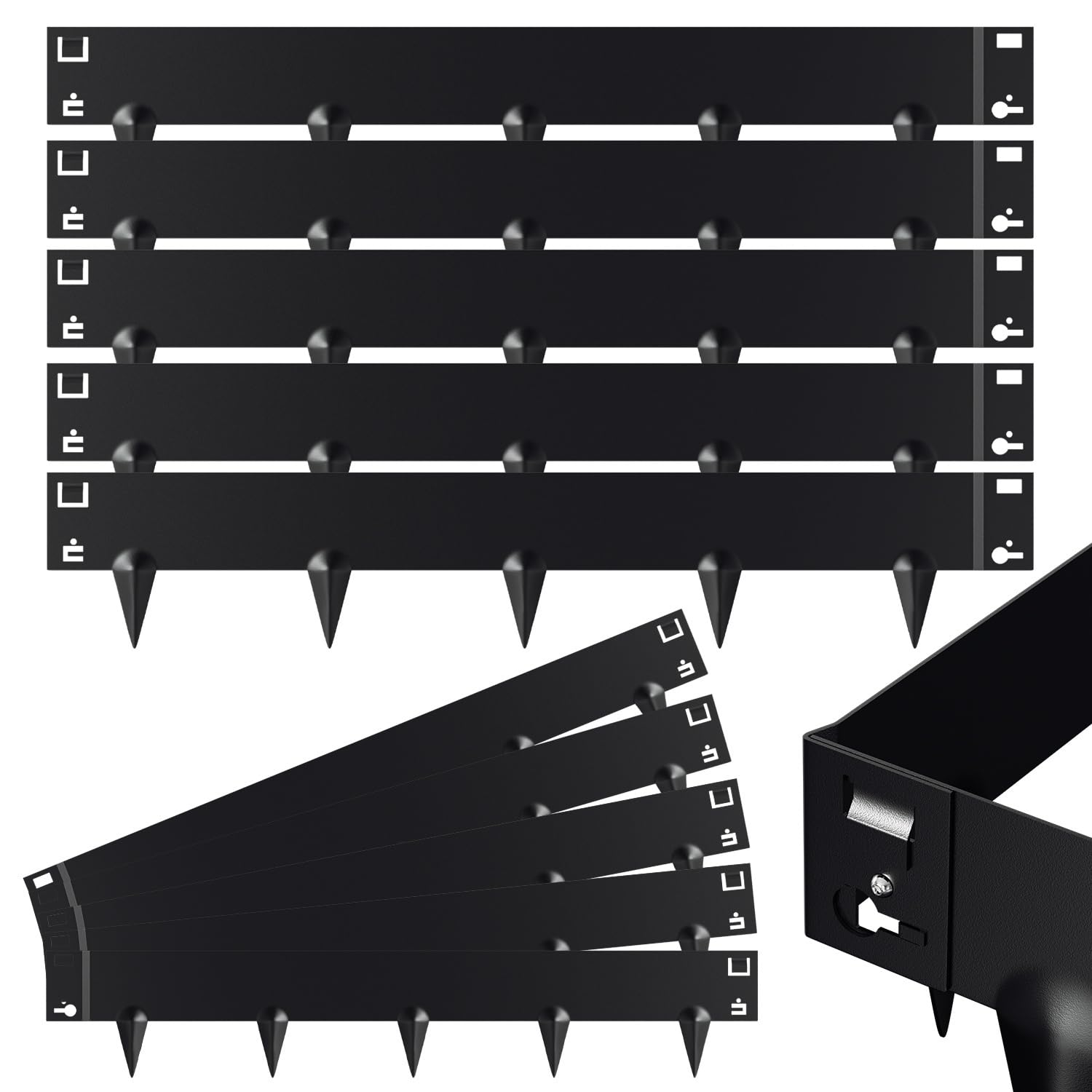 Metalowe obrzeże trawnika, 100 x 15 cm, obrzeże rabatki z kolcami, elastyczne, odkształcalne, obrzeże trawnika, palisada, czarne, zestaw 15 sztuk (długość 15 m – wysokość 15 cm)