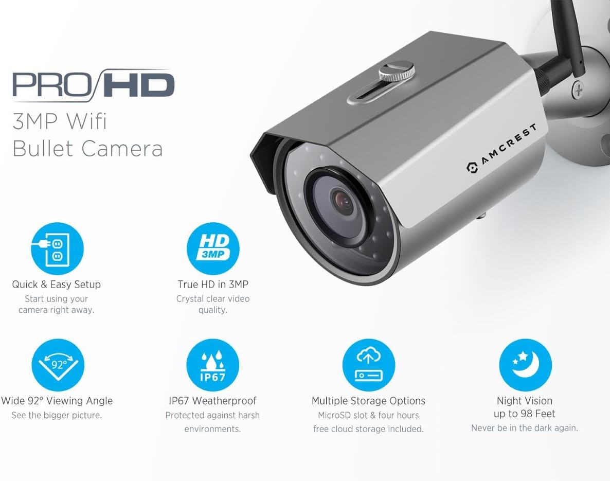 Amcrest 2K 3MP Wireless Outdoor Security Camera ProHD 1080P / 1296P (2304TVL) Bullet IP WiFi Outdoor Camera - Full HD 1080P @ 30fps and 1296P @ 20fps, IP67, 98ft Night Vision, IP3M-943S (Silver)