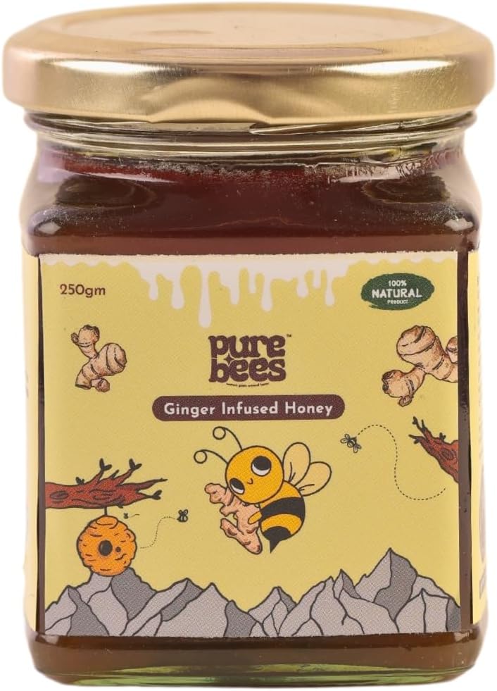 PURE BEES Ginger Infused Honey - 250g | Naturally Spicy & Sweet | Perfect for Tea, Cooking, or Drizzling | 100% Pure & Natural | Boost Your Wellness with Every Spoonful!