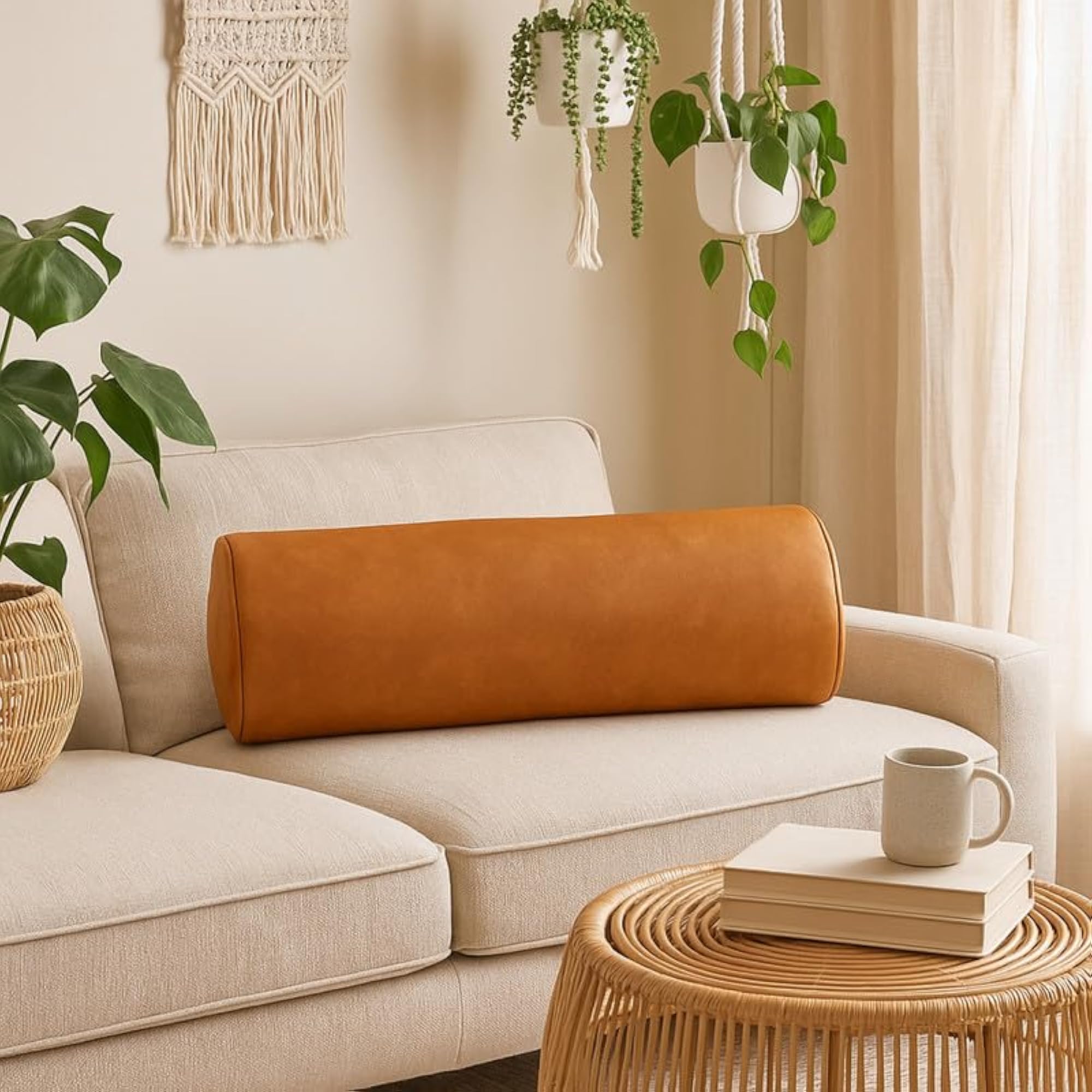 Brown Faux Leather Bolster Cover, Rustic Decor