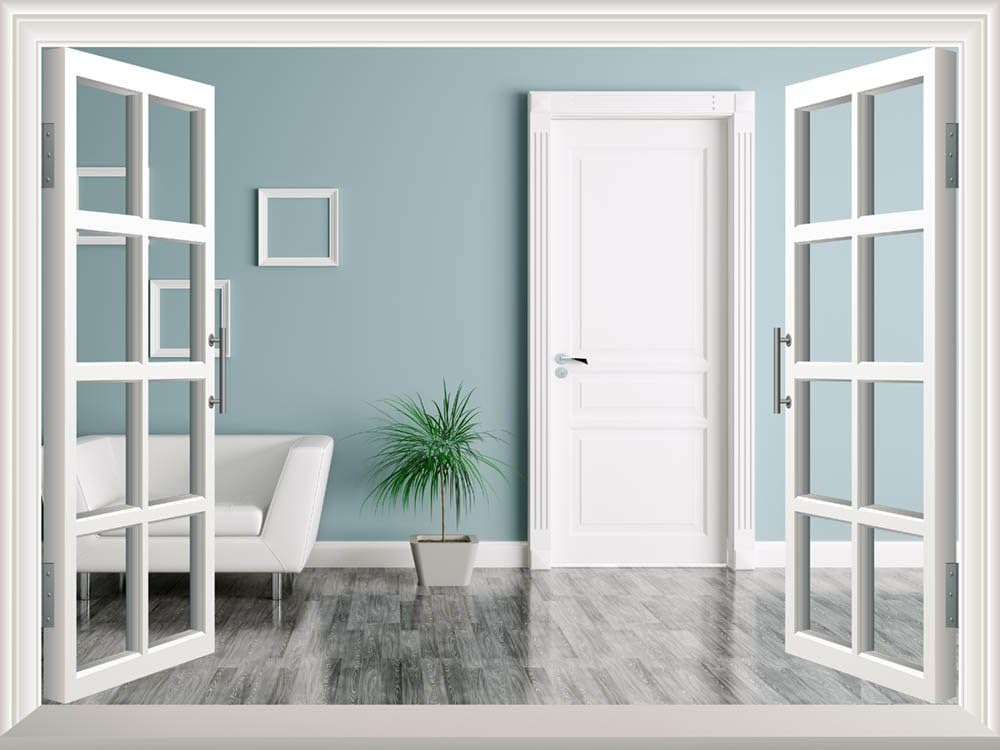 wall26 Removable Wall Sticker/Wall Mural - Interior of a Room with Door and Armchair | Creative Window View Home Decor/Wall Decor - 24" x 32"