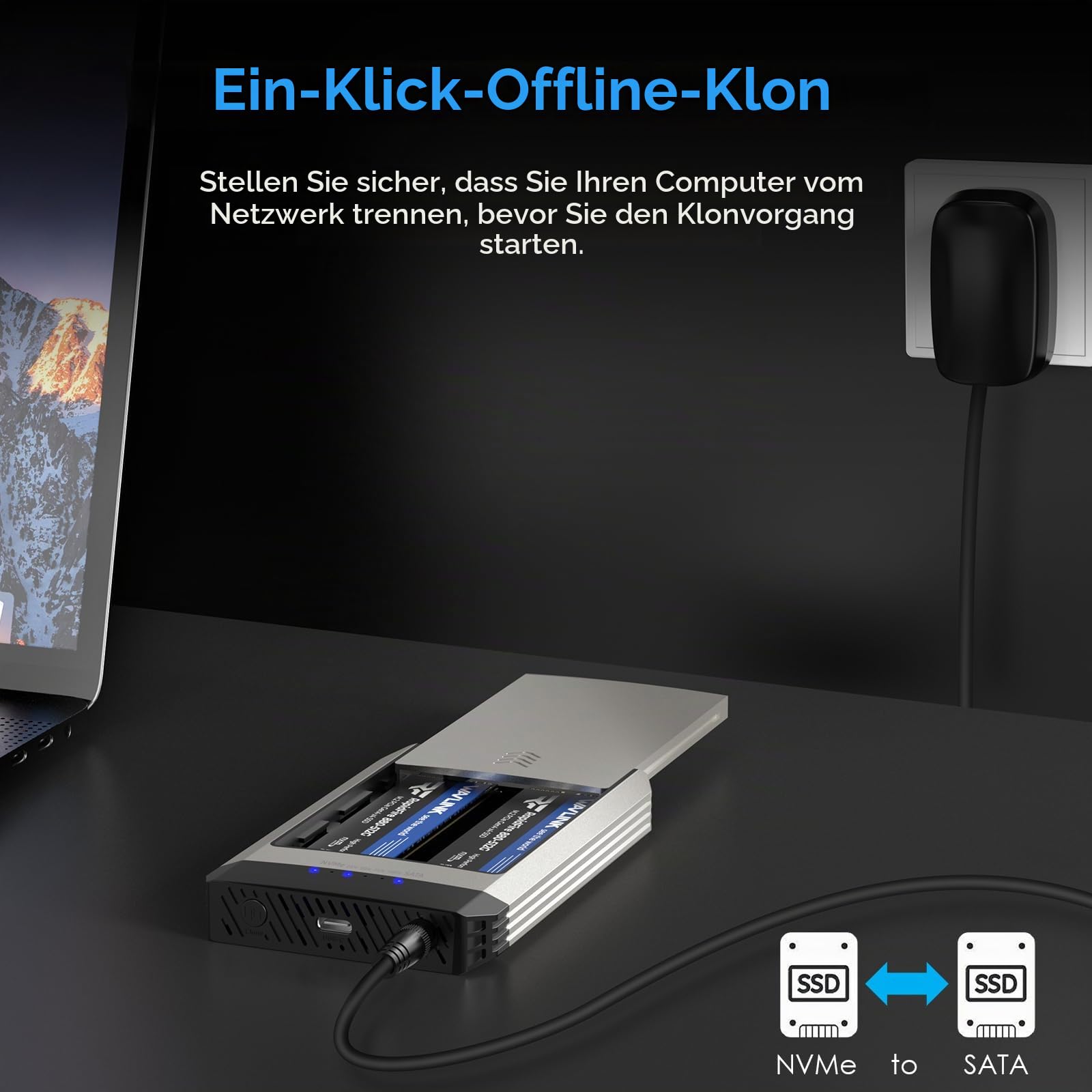 WAVLINK Dual-Bay Offline Clone Tool-Free, 10 Gbit/s M.2 Duplikator unterstützt SATA zu NVMe und NVMe zu SATA, Dual M.2 SSD-Gehäuse für 2230/2242/2260/2280, bis zu 8 TB