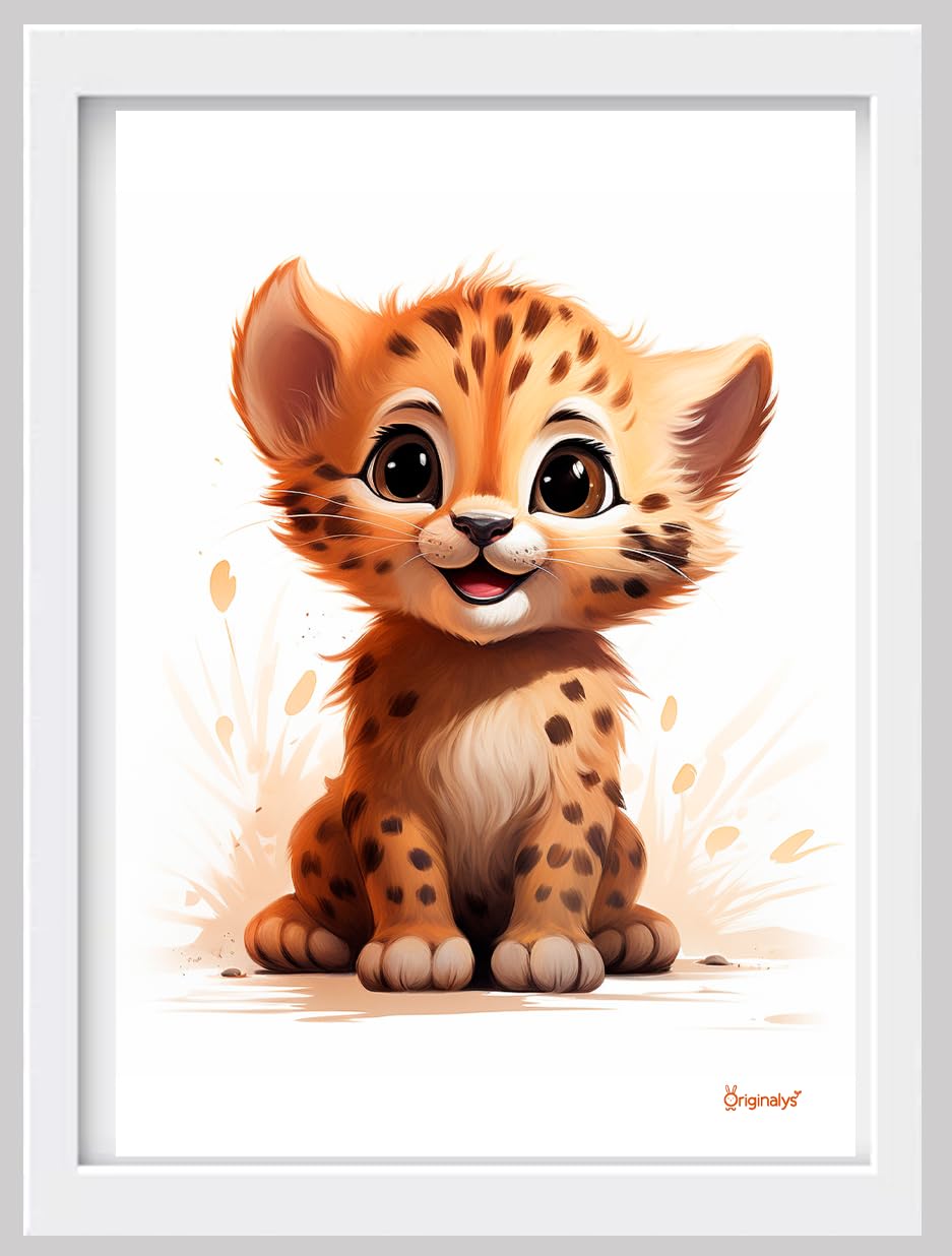 Originalys Animaux, Lot de 6 affiches A4, pour chambre d'enfant, Bébés animaux, Loup, Écureuil, Guépard, Panda rouge, Renard et Pingouin. Posters pour fille, garçon et bébé. (Sans Cadre)