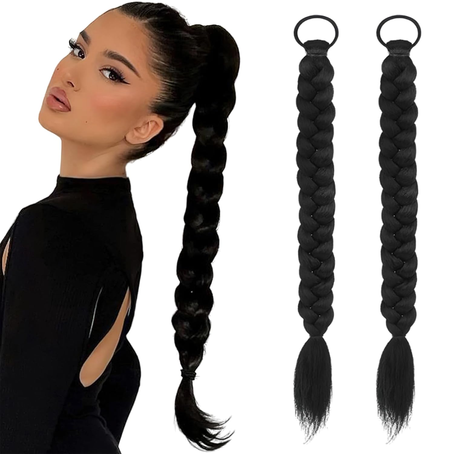 2Pcs Braided Ponytail Extensions with Hair Ties Soft Synthetic Hair Pieces Straight Wrap Around Hair Extensions Pony Tail Hairpieces Accessories for Women Daily Wear 16 Inch (Natural Black)